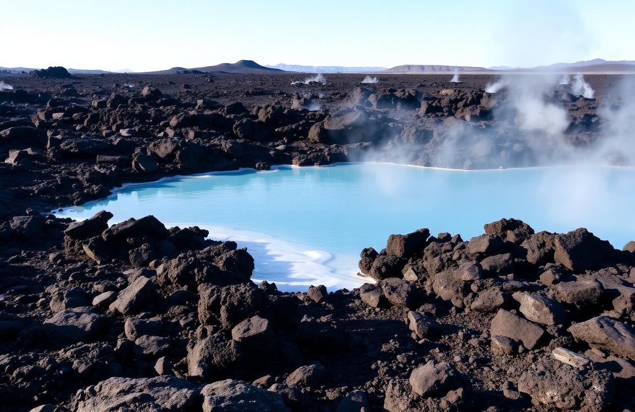 Geothermal blue lagoon surrounded by black volcanic lava and steam in Reykjanes, Iceland