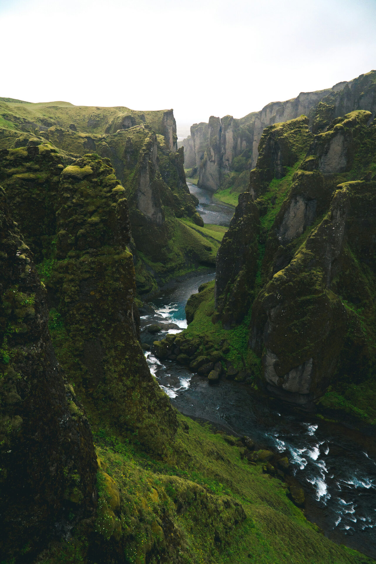 Mossy Fjaðrárgljúfur canyon with river — dramatic Iceland landscape